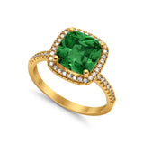 Halo Cushion Engagement Ring Yellow Tone, Simulated Green Emerald CZ 925 Sterling Silver