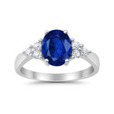 Solitaire Oval Three Stone Simulated Blue Sapphire CZ 925 Sterling Silver