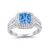 Halo Art Deco Wedding Ring Princess Cut Round Simulated Blue Topaz CZ 925 Sterling Silver
