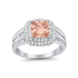 Halo Wedding Ring Princess Simulated Morganite CZ 925 Sterling Silver