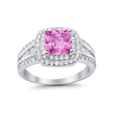 Halo Wedding Ring Princess Simulated Pink CZ 925 Sterling Silver