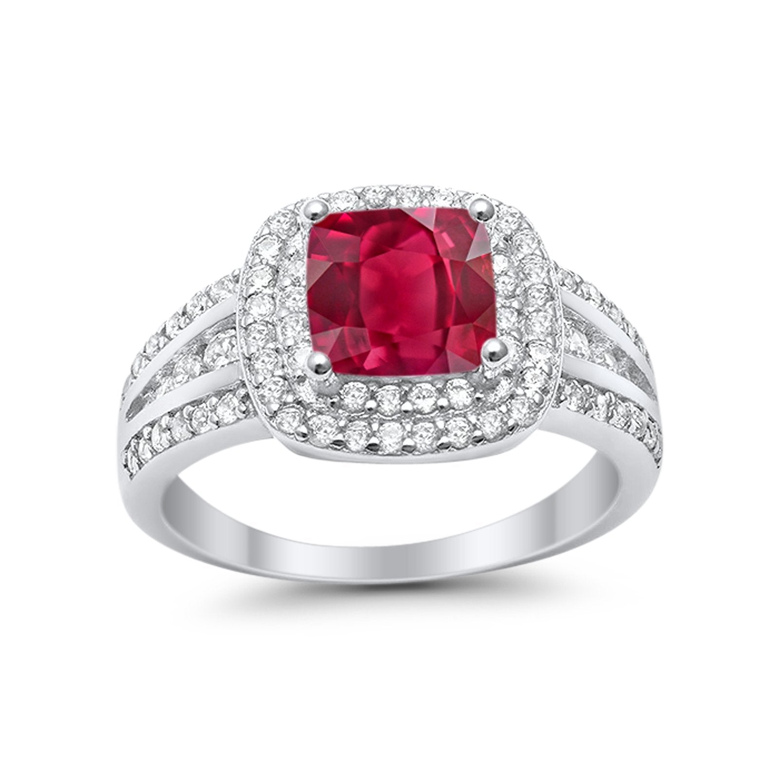 Halo Art Deco Wedding Ring Princess Cut Round Simulated Ruby CZ 925 Sterling Silver