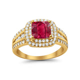 Halo Art Deco Wedding Ring Yellow Tone, Simulated Ruby CZ 925 Sterling Silver