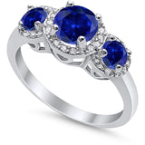 Three Stone Simulated Blue Sapphire CZ Wedding Ring 925 Sterling Silver