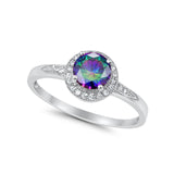 Halo Art Deco Engagement Ring Round Simulated Rainbow CZ 925 Sterling Silver