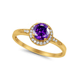 Halo Art Deco Engagement Ring Round Yellow Tone, Simulated Amethyst CZ 925 Sterling Silver