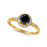 Halo Art Deco Engagement Ring Round Yellow Tone, Simulated Black CZ 925 Sterling Silver