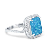 Halo Radiant Cut Wedding Ring Lab Created Blue Opal 925 Sterling Silver