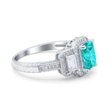 Emerald Cut Halo Engagement Ring Simulated Paraiba Tourmaline CZ 925 Sterling Silver