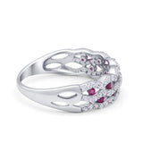 Half Eternity Wedding Ring Round Simulated Ruby CZ 925 Sterling Silver