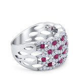 Wide Half Eternity Ring Round Simulated Ruby CZ 925 Sterling Silver