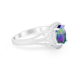 Halo Filigree Oval Wedding Ring Round Simulated Rainbow CZ 925 Sterling Silver
