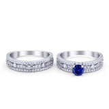 Art Deco Two Piece Bridal Set Wedding Ring Band Round Simulated Blue Sapphire CZ 925 Sterling Silver