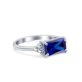 Emerald Cut Sideways Ring Simulated Blue Sapphire CZ 925 Sterling Silver