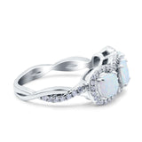 Halo Cushion Art Deco Three Stone Wedding Bridal Ring Lab Created White Opal 925 Sterling Silver