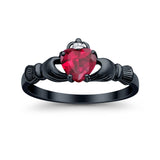 Irish Claddagh Heart Promise Ring Black Tone, Simulated Ruby CZ 925 Sterling Silver