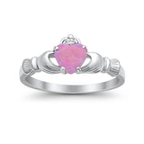 Heart Shape Lab Created Pink Opal Claddagh Wedding Ring 925 Sterling Silver
