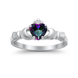 Heart Shape Simulated Rainbow CZ Claddagh Wedding Ring 925 Sterling Silver