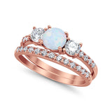 3-Stone Wedding Piece Bridal Ring Rose Tone, Lab Created White Opal 925 Sterling Silver