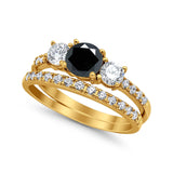 Wedding Piece Bridal Ring Yellow Tone, Simulated Black CZ 925 Sterling Silver