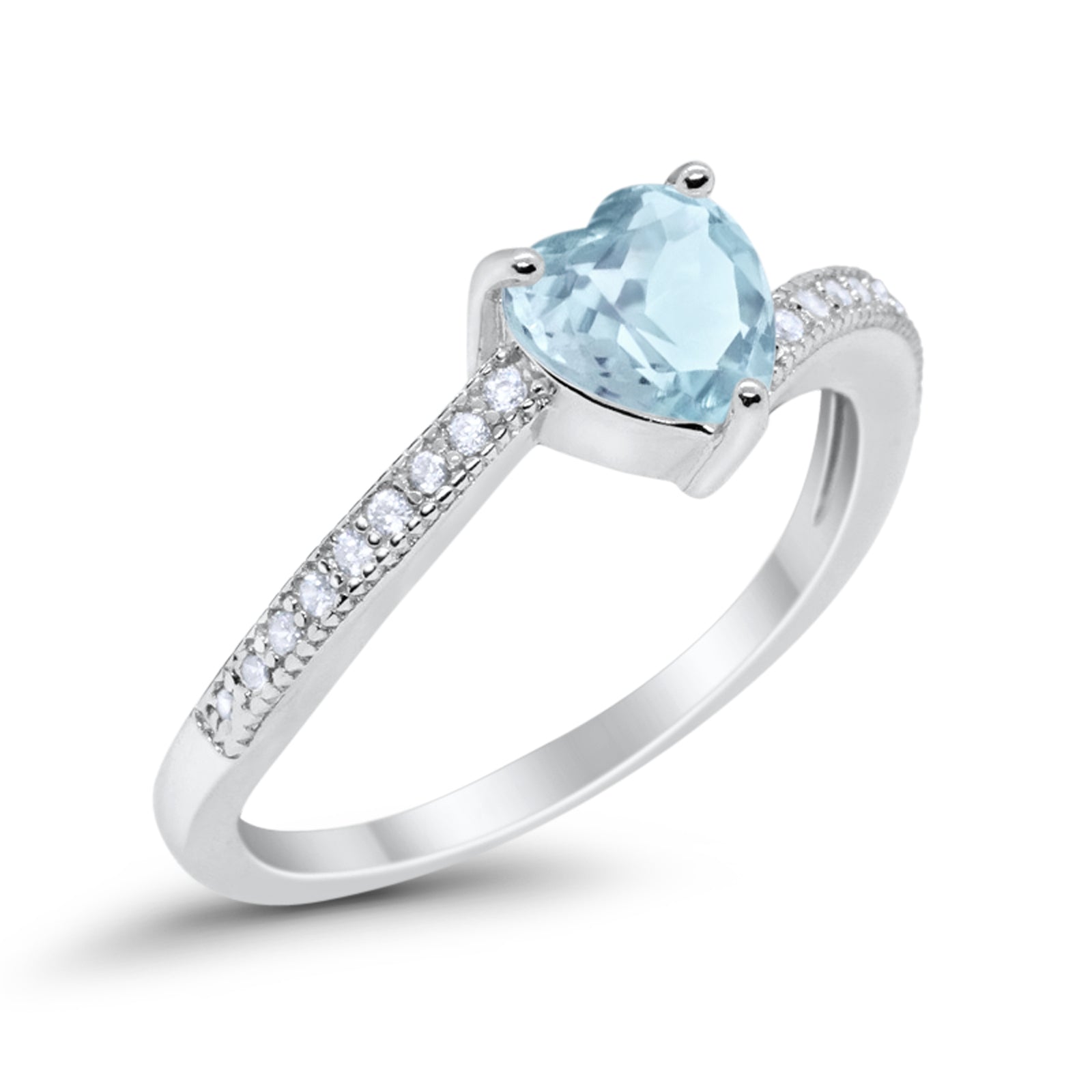 Heart Promise Ring Round Simulated Aquamarine CZ 925 Sterling Silver