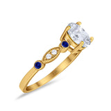 14K Yellow Gold Vintage Style Oval Bridal Blue Sapphire Simulated CZ Wedding Engagement Ring Size 7