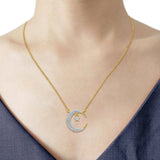 14K Yellow Gold 0.16ct Round Shape Diamond Crescent Moon Pendant Chain Necklace 18" Long