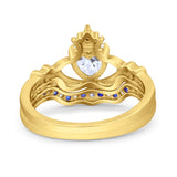 14K Yellow Gold Claddagh Accent Heart Wedding Bridal Set Piece Blue Sapphire Simulated Cubic Zirconia Wedding Ring