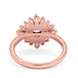 14K Rose Gold Halo Floral Style Vintage Art Deco Wedding Engagement Ring Baguette Round Simulated Cubic Zirconia Size-7