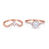 14K Rose Gold Two Piece Art Deco Bridal Set Ring Band Round Engagement Piece Simulated CZ Size-7