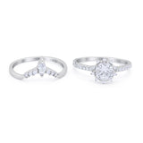 14K White Gold Two Piece Art Deco Bridal Set Ring Band Round Engagement Piece Simulated CZ Size-7