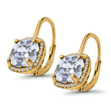 14K Yellow Gold Cushion Halo Leverback Earrings Round Cubic Zirconia