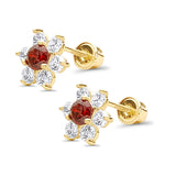 14K Yellow Gold Simulated Garnet CZ Flower Stud Earrings with Screw Back, Best Anniversary Birthday Gift for Her