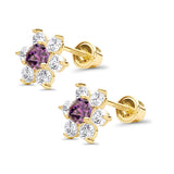 14K Yellow Gold Simulated Amethyst CZ Flower Stud Earrings with Screw Back, Best Anniversary Birthday Gift for Her