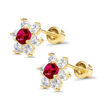 14K Yellow Gold Simulated Ruby CZ Flower Stud Earrings with Screw Back, Best Anniversary Birthday Gift for Her