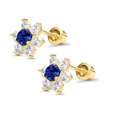 14K Yellow Gold Simulated Blue Sapphire CZ Flower Stud Earrings with Screw Back, Best Anniversary Birthday Gift for Her