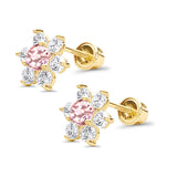 14K Yellow Gold Simulated Light Pink CZ Flower Stud Earrings with Screw Back, Best Anniversary Birthday Gift for Her