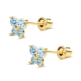 14K Yellow Gold Simulated Aquamarine CZ Butterfly Stud Earrings with Screw Back, Best Birthday Gift for Her