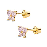 14K Yellow Gold Simulated Light Pink CZ Butterfly Stud Earrings with Screw Back, Best Birthday Gift for Her