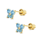 14K Yellow Gold Simulated Blue Topaz CZ Butterfly Stud Earrings with Screw Back, Best Birthday Gift for Her
