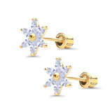Solid 14K Yellow Gold Flower Stud Earrings Simulated Cubic Zirconia With Screw Back