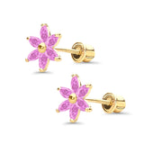 Solid 14K Yellow Gold Flower Stud Earrings Simulated Pink CZ With Screw Back