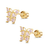 14K Yellow Gold Pink CZ Butterfly Stud Earrings with Screw Back Best Anniversary Birthday Gift for Her