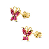 14K Yellow Gold Ruby CZ Butterfly Stud Earrings with Screw Back - Best Birthday Gift for Her