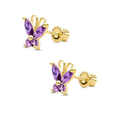 14K Yellow Gold Amethyst CZ Butterfly Stud Earrings with Screw Back - Best Birthday Gift for Her