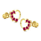 Solid 14K Yellow Gold Heart Stud Earrings Simulated Ruby CZ with Screw Back