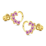 Solid 14K Yellow Gold Heart Stud Earrings Simulated Pink CZ with Screw Back