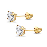 14K Yellow Gold 5mm Round Solitaire Basket Set Simulated Cubic Zirconia Stud Earrings with Screw Back, Best Birthday Gift for Her