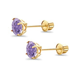 14K Yellow Gold 5mm Round Solitaire Basket Set Simulated Amethyst CZ Stud Earrings with Screw Back, Best Birthday Gift for Her