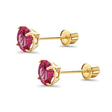 14K Yellow Gold 5mm Round Solitaire Basket Set Simulated Ruby CZ Stud Earrings with Screw Back, Best Birthday Gift for Her